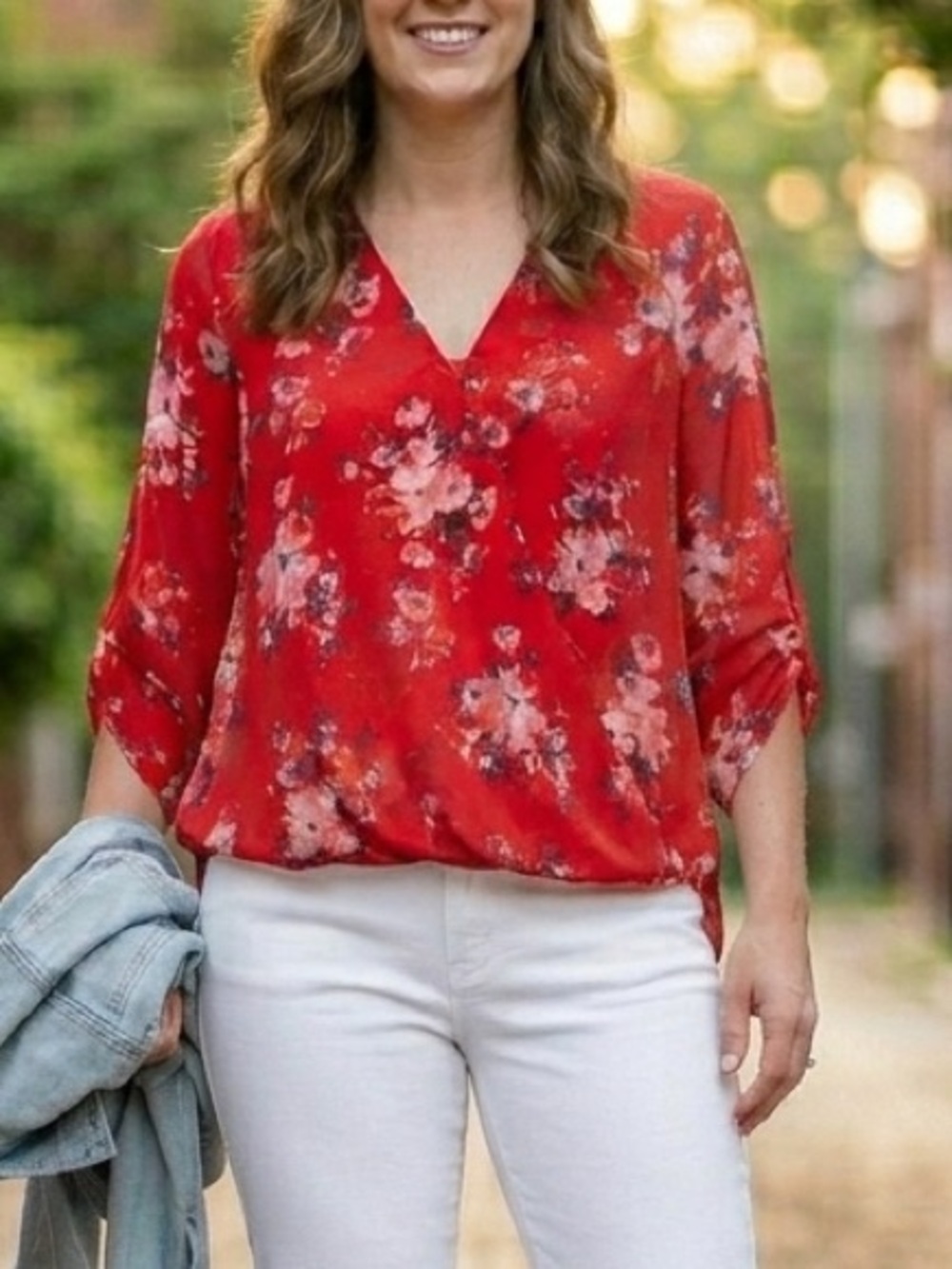 Kut From The Kloth Jenalee Red Floral Faux Wrap Roll Tab Long Sleeves L USA